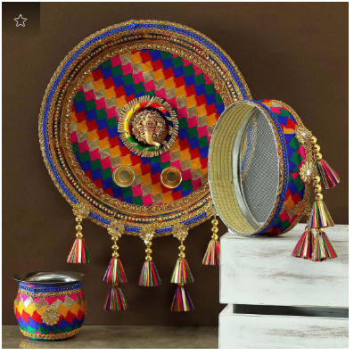 Colorful Fabric Work Karwa Chauth Thali Set